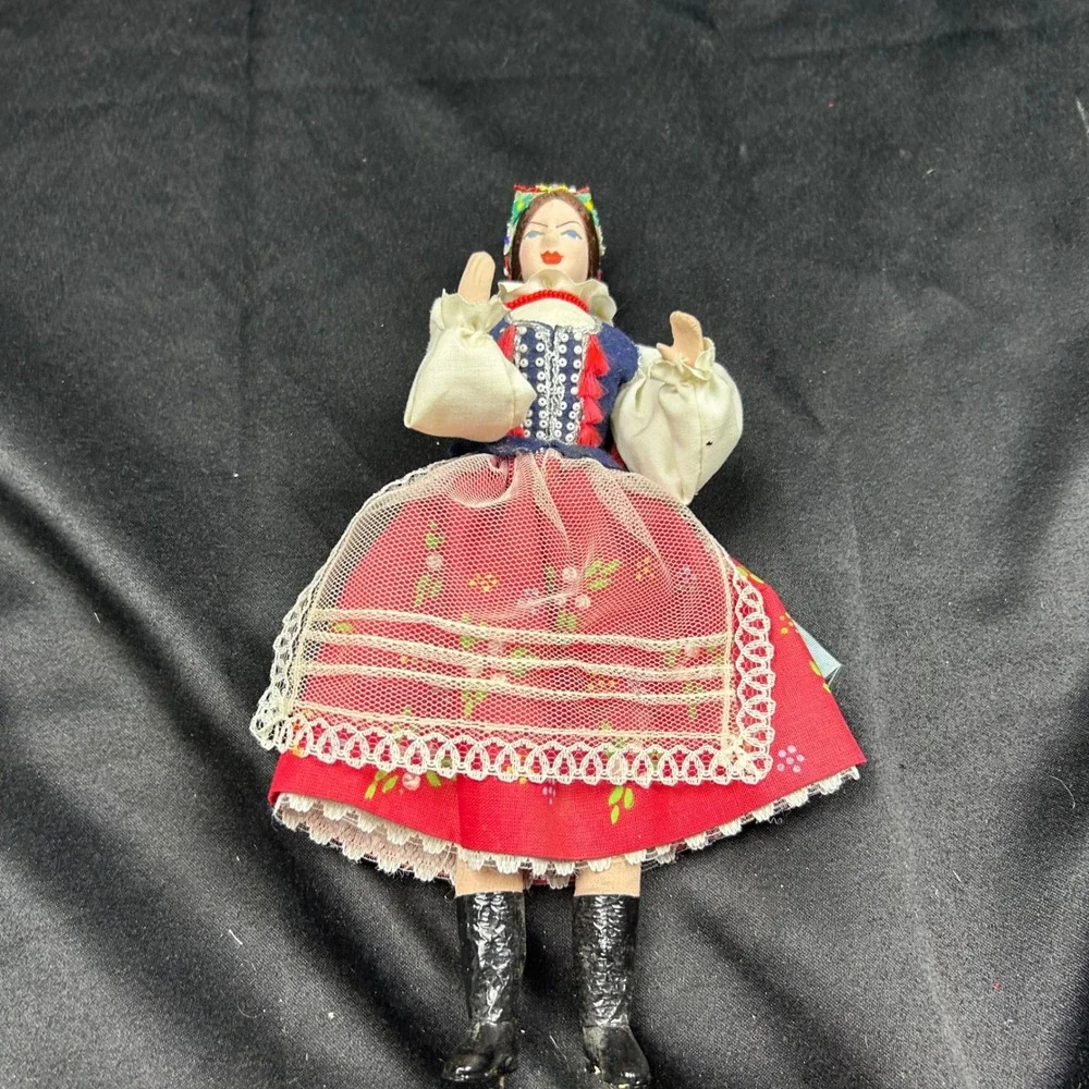 Vintage Polish Folk Art Doll Traditional Costume Red Floral Skirt Lace Apron 8in